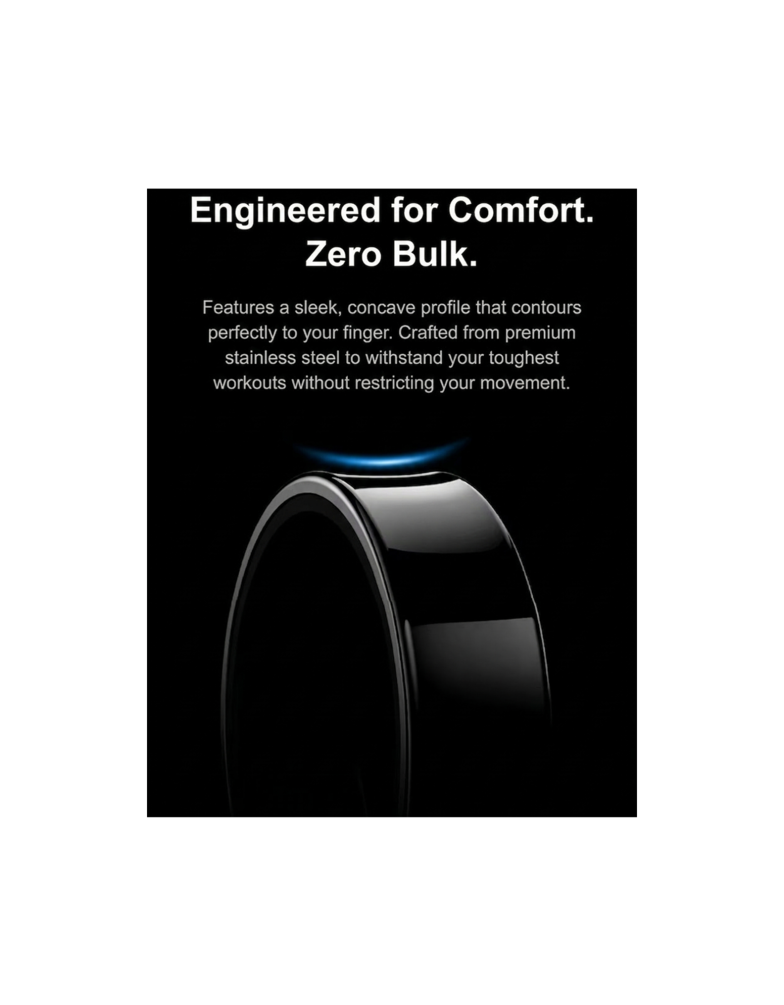 Stainless steel ring with text about comfort and design on a black background